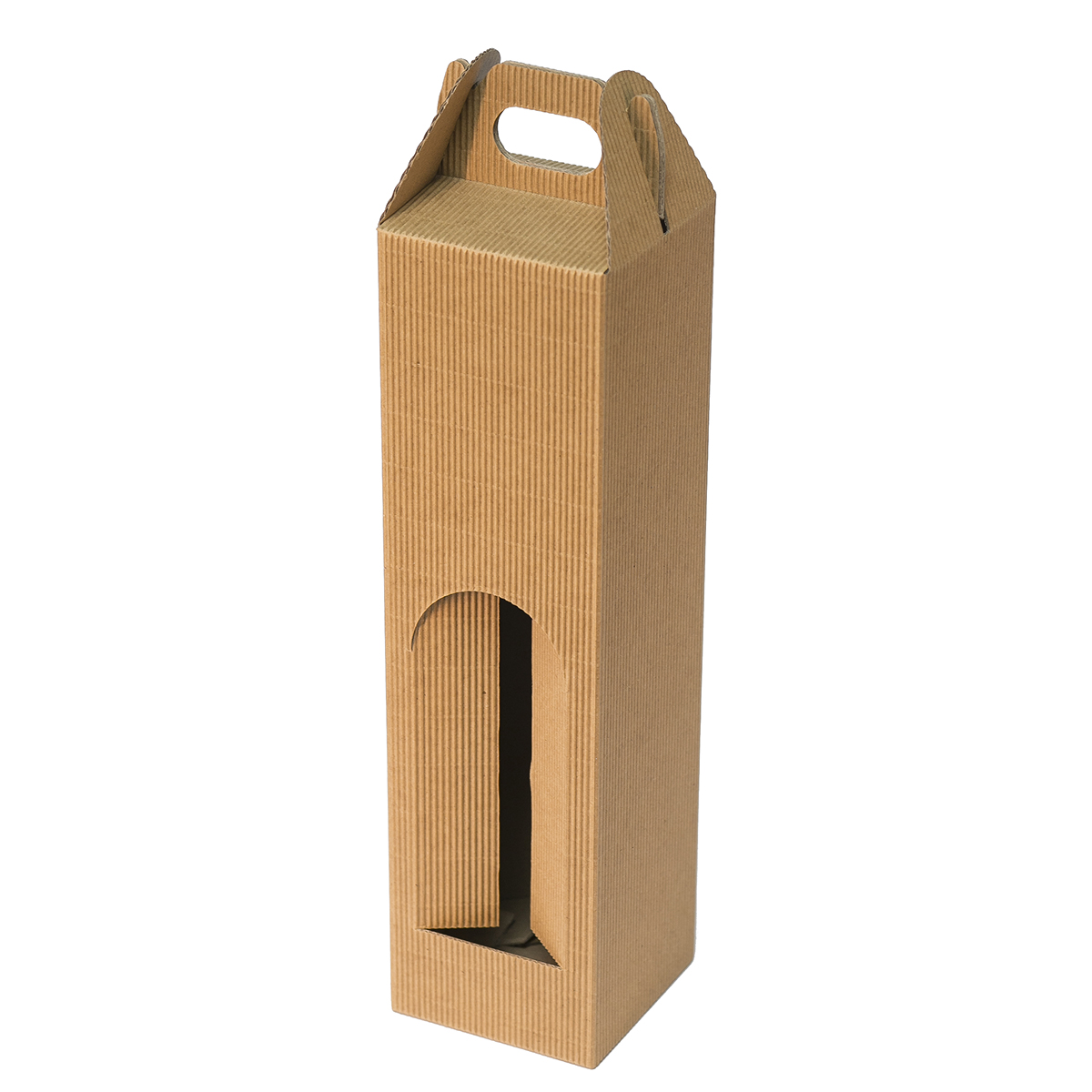 Pudełka Kartonowe na 1 butelkę WINA MUSUJĄCEGO  z uchwytem i oknem, 84/84/310 mm, 4-warstwowy prążkowany brązowy, nr 516