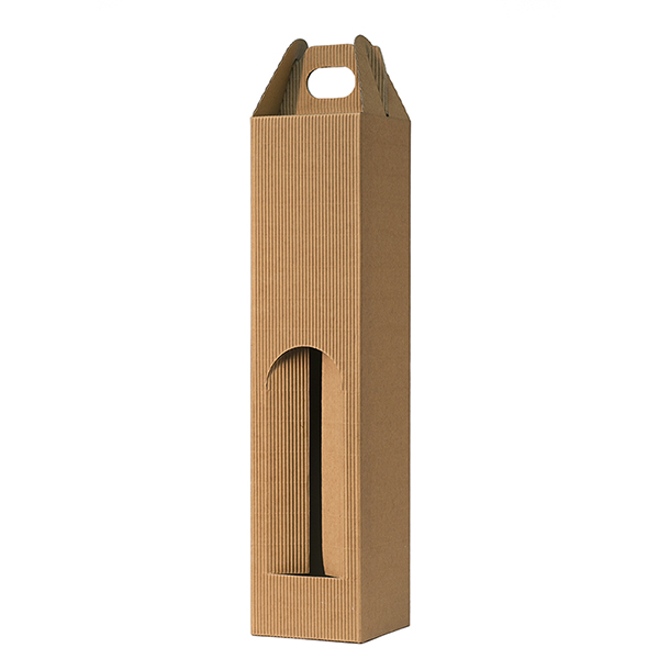 Pudełka Kartonowe  na 1 butelkę WINA z uchwytem i oknem, 77/77/335 mm, 4-warstwowy prążkowany brąz, nr 112 4W